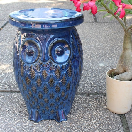 International Caravan Wise Old Owl Ceramic Garden Stool, Navy Blue Glaze OPG-065-NV